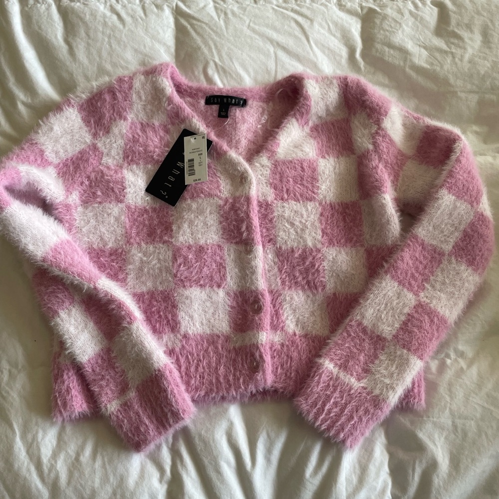 Pink fuzzy checkered women’s cardigan
